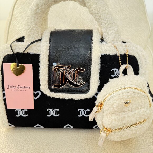 NWT Juicy Couture Snuggle Satchel Sherpa satchel crossbody bag Black & mini bag - Picture 1 of 7